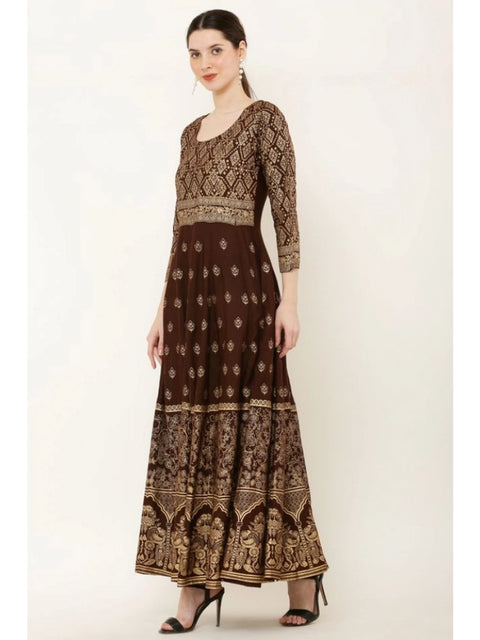 Generic Women's Casual Rayon 3-4th Sleeves Anarkali Kurti (Brown)