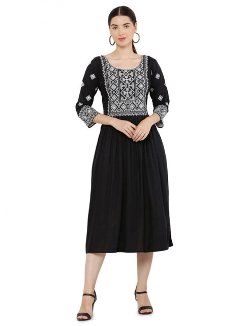 Generic Women's Casual Rayon 3-4th Sleeves Kurti (Black)