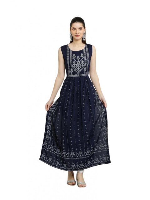 Generic Women's Casual Rayon Sleeveless Kurti (Blue)