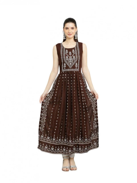 Generic Women's Casual Rayon Sleeveless Kurti (Brown)