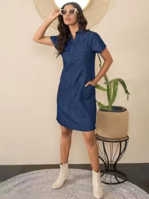 Generic Women's Casual Denim Half Sleeves Dress (Blue)