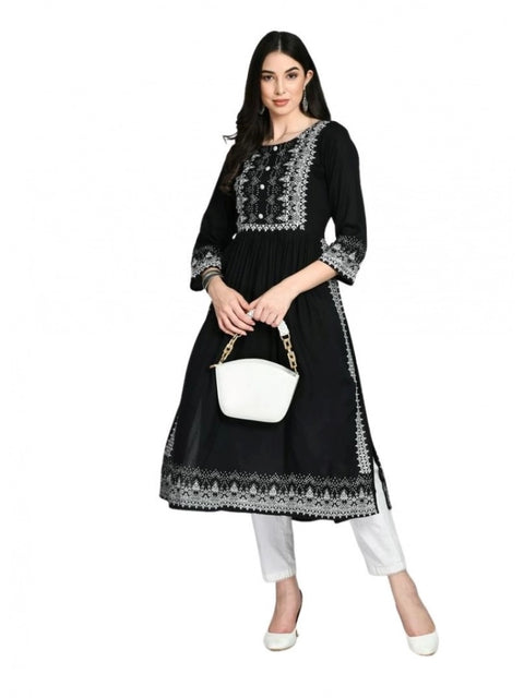 Generic Women's Casual Rayon 3-4th Sleeves Kurti (Black)