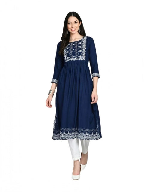 Generic Women's Casual Rayon 3-4th Sleeves Kurti (Blue)
