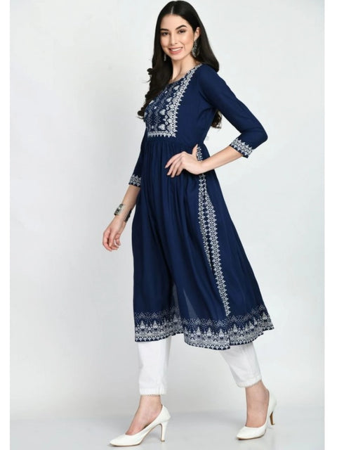 Generic Women's Casual Rayon 3-4th Sleeves Kurti (Blue)