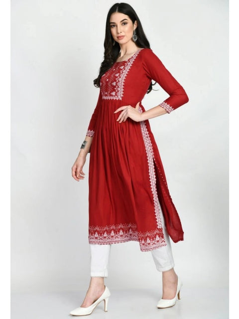 Generic Women's Casual Rayon 3-4th Sleeves Kurti (Maroon)