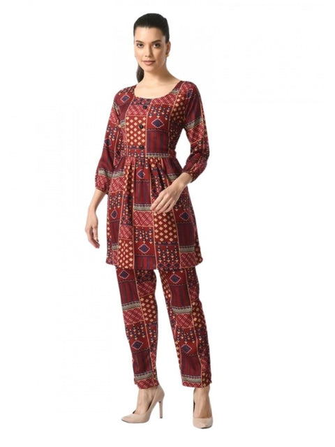 Generic Women's Casual Crepe 3-4th Sleeves Cord Set (Maroon)