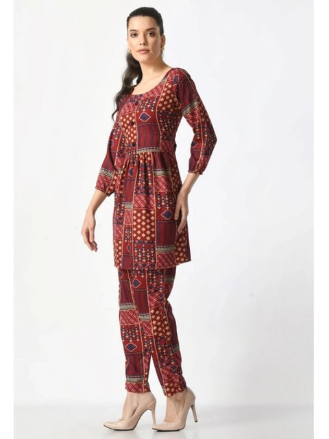 Generic Women's Casual Crepe 3-4th Sleeves Cord Set (Maroon)