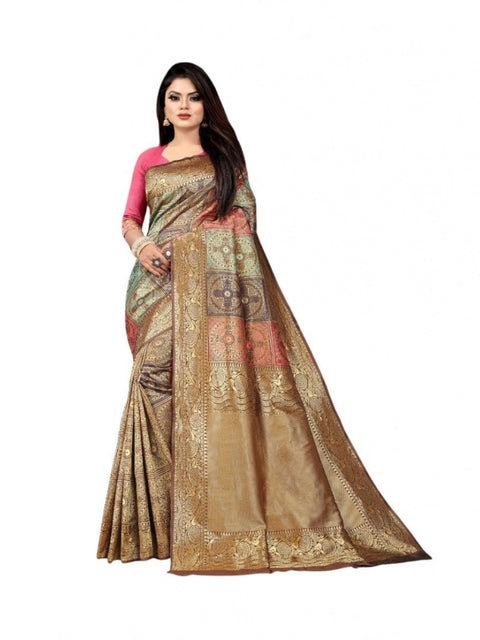Women's Soft Lichi Silk Printed Saree With Unstitched Blouse 5.5Mtr (Gold)