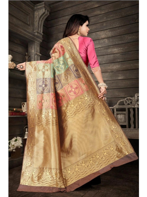 Women's Soft Lichi Silk Printed Saree With Unstitched Blouse 5.5Mtr (Gold)