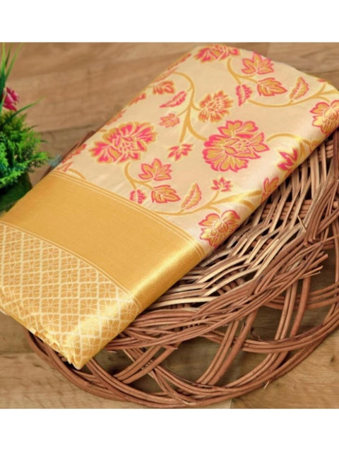 Women's Soft Lichi Silk Printed Saree With Unstitched Blouse 5.5Mtr (Gold)
