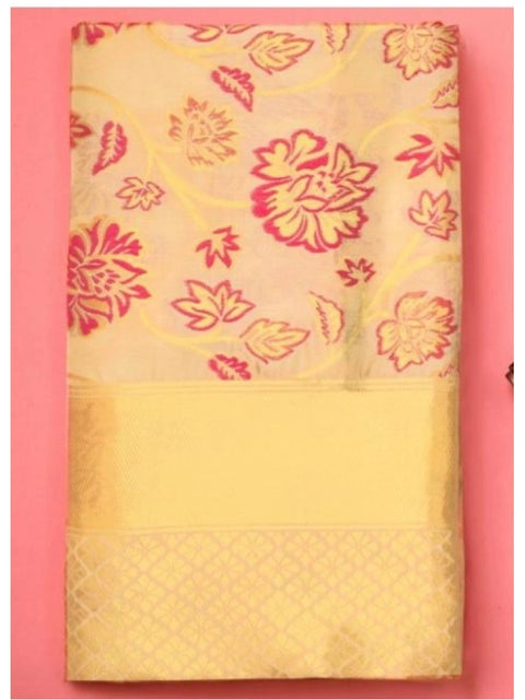 Women's Soft Lichi Silk Printed Saree With Unstitched Blouse 5.5Mtr (Gold)