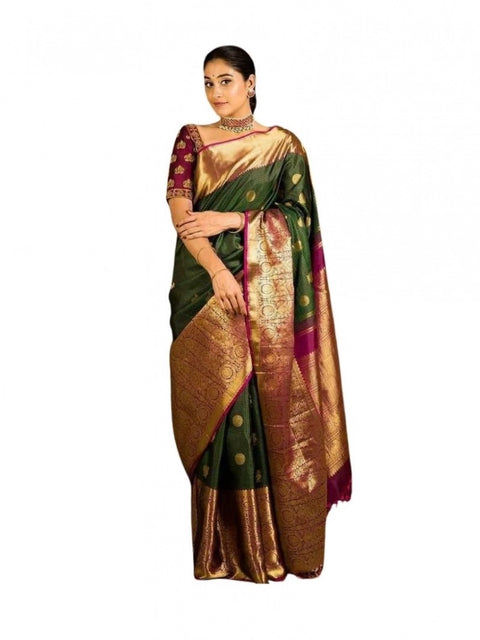 Women's Soft Lichi Silk Printed Saree With Unstitched Blouse 5.5Mtr (Green)
