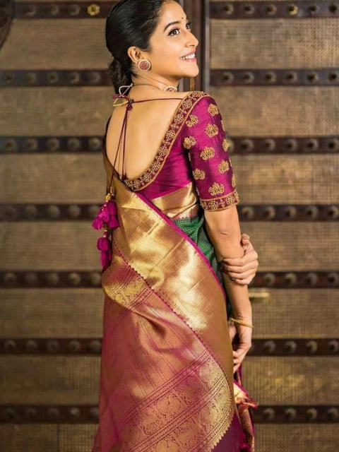 Women's Soft Lichi Silk Printed Saree With Unstitched Blouse 5.5Mtr (Green)