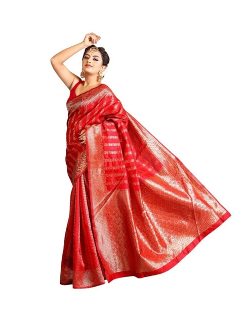Women's Soft Lichi Silk Printed Saree With Unstitched Blouse 5.5Mtr (Red)