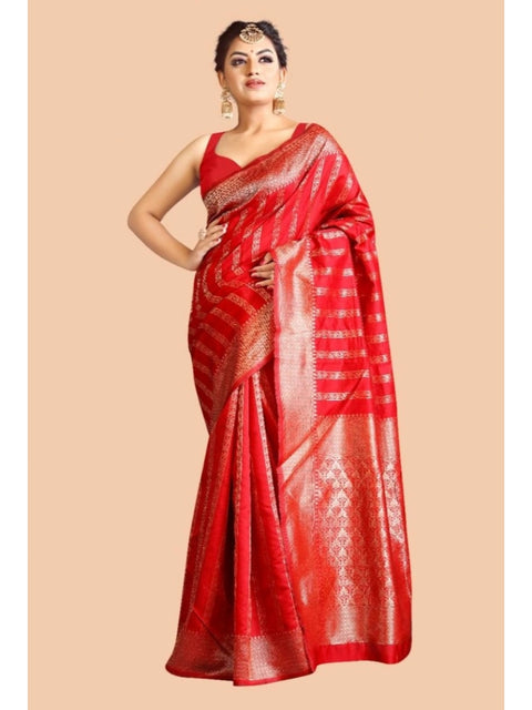 Women's Soft Lichi Silk Printed Saree With Unstitched Blouse 5.5Mtr (Red)
