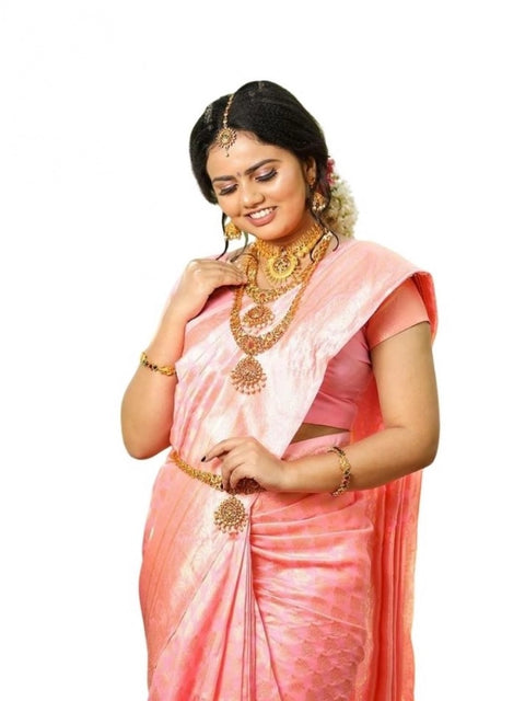 Women's Soft Lichi Silk Printed Saree With Unstitched Blouse 5.5Mtr (Pink)