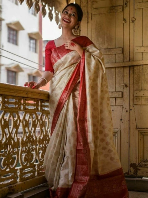 Women's Soft Lichi Silk Printed Saree With Unstitched Blouse 5.5Mtr (White)