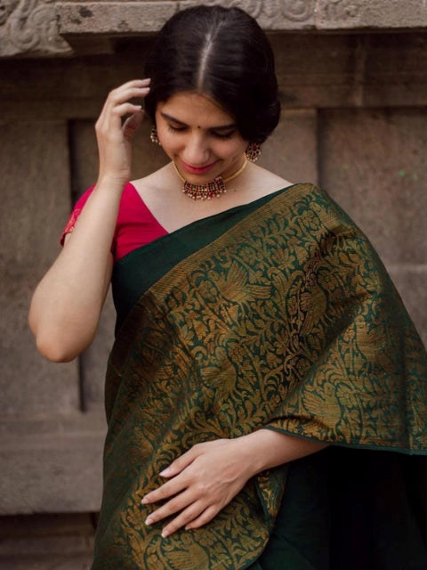 Women's Soft Lichi Silk Printed Saree With Unstitched Blouse 5.5Mtr (Green)
