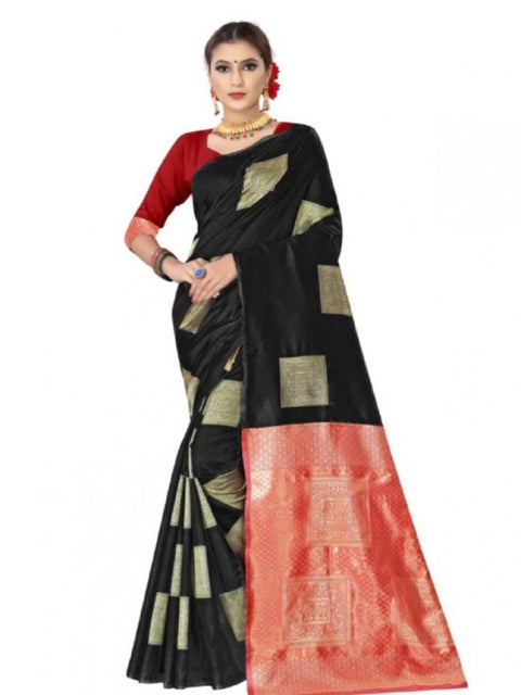 Women's Soft Lichi Silk Printed Saree With Unstitched Blouse 5.5Mtr (Black)