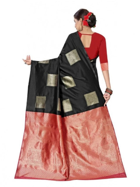 Women's Soft Lichi Silk Printed Saree With Unstitched Blouse 5.5Mtr (Black)