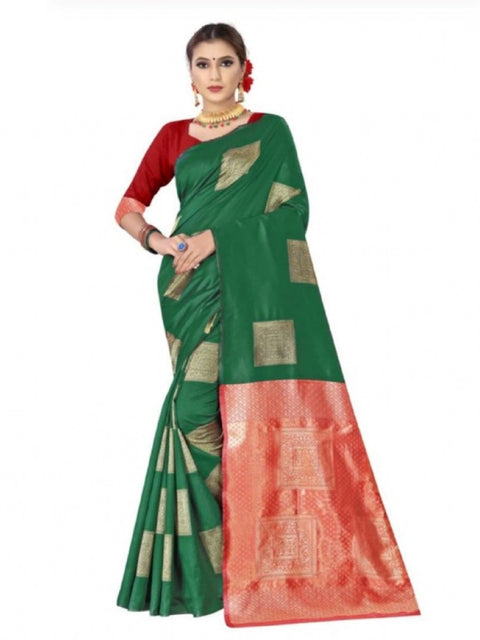 Women's Soft Lichi Silk Printed Saree With Unstitched Blouse 5.5Mtr (Green)