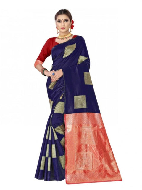 Women's Soft Lichi Silk Printed Saree With Unstitched Blouse 5.5Mtr (Blue)