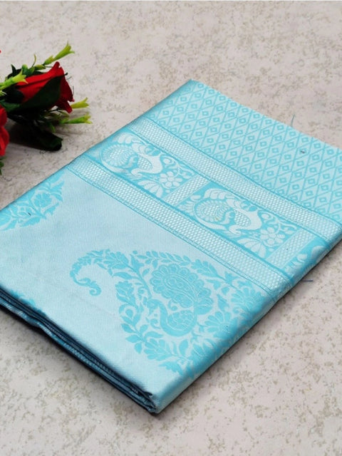Women's Soft Lichi Silk Printed Saree With Unstitched Blouse 5.5Mtr (Sky Blue)