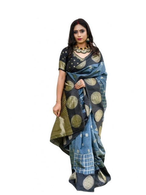 Women's Soft Lichi Silk Printed Saree With Unstitched Blouse 5.5Mtr (Grey)