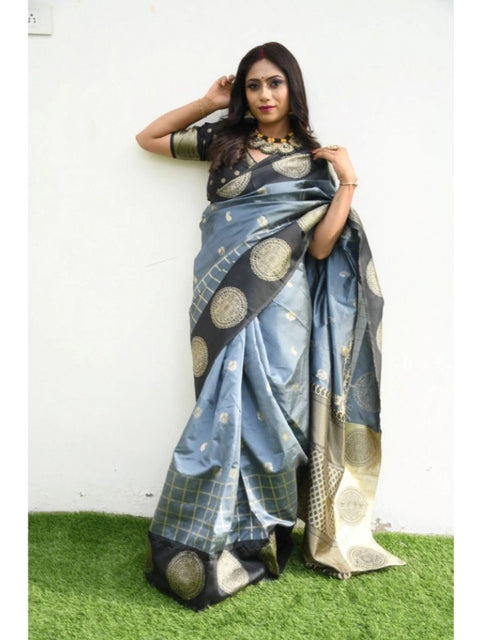 Women's Soft Lichi Silk Printed Saree With Unstitched Blouse 5.5Mtr (Grey)