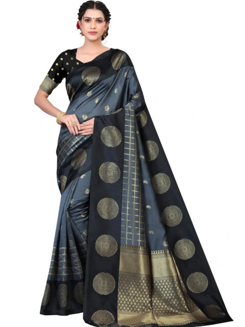 Women's Soft Lichi Silk Printed Saree With Unstitched Blouse 5.5Mtr (Black)