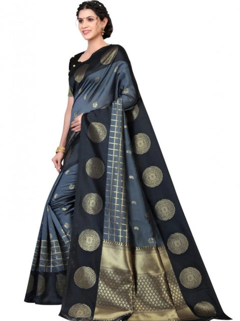 Women's Soft Lichi Silk Printed Saree With Unstitched Blouse 5.5Mtr (Black)