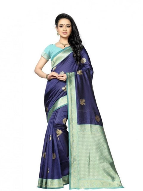 Women's Soft Lichi Silk Printed Saree With Unstitched Blouse 5.5Mtr (Navy Blue)