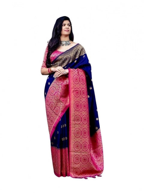 Women's Soft Lichi Silk Printed Saree With Unstitched Blouse 5.5Mtr (Blue)