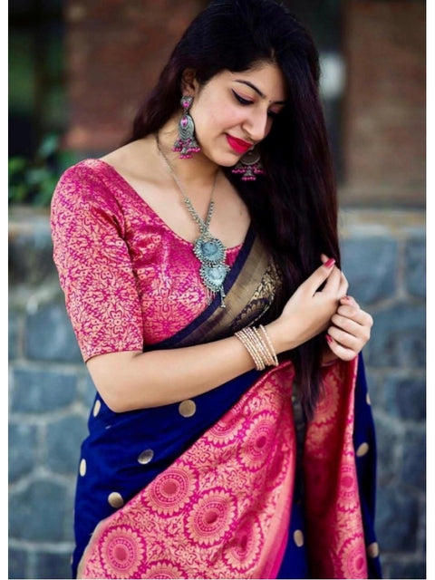 Women's Soft Lichi Silk Printed Saree With Unstitched Blouse 5.5Mtr (Blue)