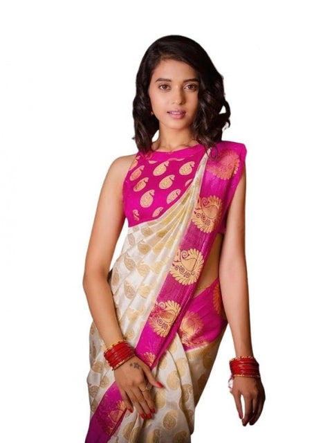 Women's Soft Lichi Silk Printed Saree With Unstitched Blouse 5.5Mtr (White)