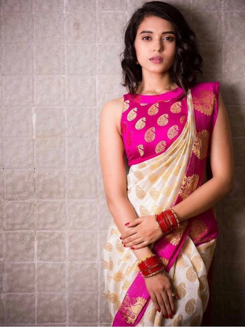 Women's Soft Lichi Silk Printed Saree With Unstitched Blouse 5.5Mtr (White)