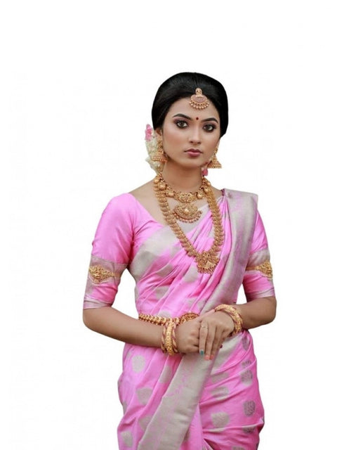 Women's Soft Lichi Silk Printed Saree With Unstitched Blouse 5.5Mtr (Pink)