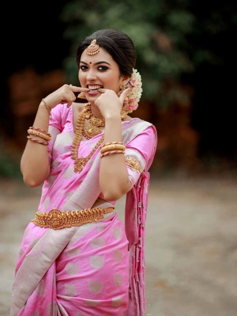 Women's Soft Lichi Silk Printed Saree With Unstitched Blouse 5.5Mtr (Pink)