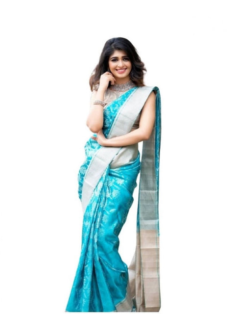 Women's Soft Lichi Silk Printed Saree With Unstitched Blouse 5.5Mtr (Sky-Blue)