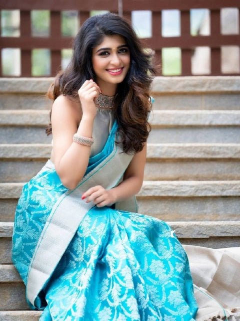 Women's Soft Lichi Silk Printed Saree With Unstitched Blouse 5.5Mtr (Sky-Blue)