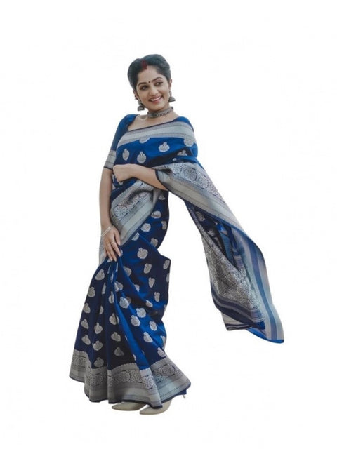 Women's Soft Lichi Silk Printed Saree With Unstitched Blouse 5.5Mtr (Blue)