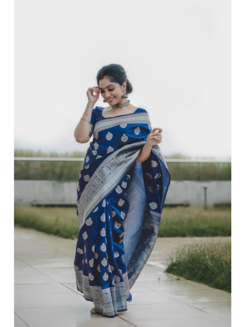 Women's Soft Lichi Silk Printed Saree With Unstitched Blouse 5.5Mtr (Blue)