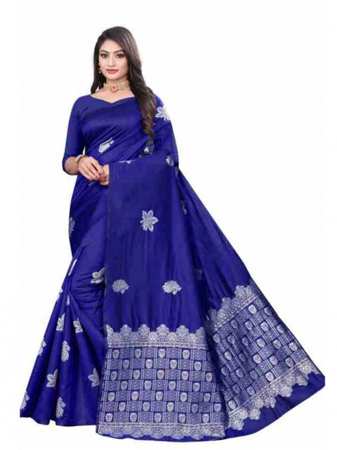 Women's Soft Lichi Silk Printed Saree With Unstitched Blouse 5.5Mtr (Blue)