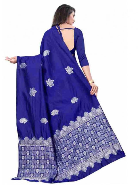 Women's Soft Lichi Silk Printed Saree With Unstitched Blouse 5.5Mtr (Blue)