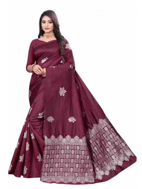 Women's Soft Lichi Silk Printed Saree With Unstitched Blouse 5.5Mtr (Wine)