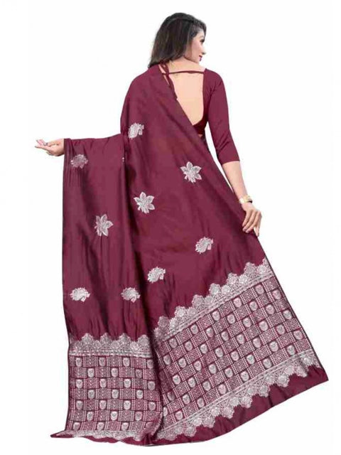 Women's Soft Lichi Silk Printed Saree With Unstitched Blouse 5.5Mtr (Wine)