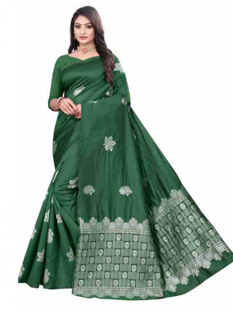 Women's Soft Lichi Silk Printed Saree With Unstitched Blouse 5.5Mtr (Green)