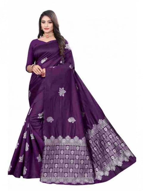 Women's Soft Lichi Silk Printed Saree With Unstitched Blouse 5.5Mtr (Purple)
