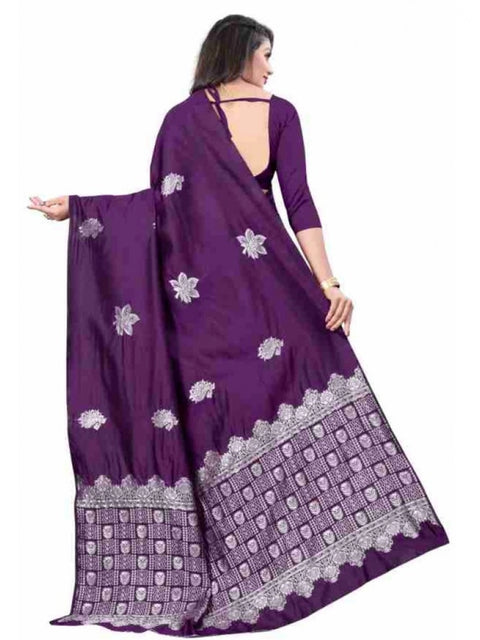 Women's Soft Lichi Silk Printed Saree With Unstitched Blouse 5.5Mtr (Purple)