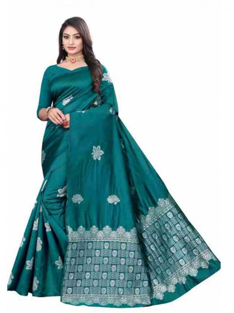 Women's Soft Lichi Silk Printed Saree With Unstitched Blouse 5.5Mtr (Rama)